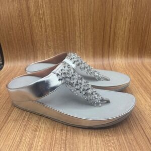 FitFlop Rhumba Metallic Silver Beaded Toe Post Thong Sandals Womens 11 Crystals